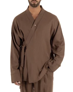 Giacca kimono lino relaxed fit morbido tinta unita marrone GIOSAL-G3400A
