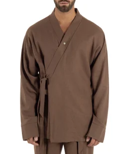 Giacca kimono lino relaxed fit morbido tinta unita marrone GIOSAL-G3400A