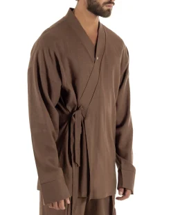 Giacca kimono lino relaxed fit morbido tinta unita marrone GIOSAL-G3400A