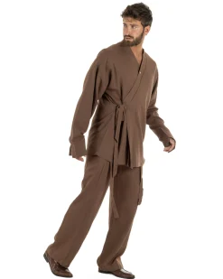 Giacca kimono lino relaxed fit morbido tinta unita marrone GIOSAL-G3400A