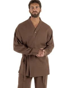 Giacca kimono lino relaxed fit morbido tinta unita marrone GIOSAL-G3400A