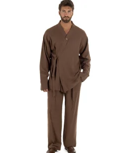 Giacca kimono lino relaxed fit morbido tinta unita marrone GIOSAL-G3400A