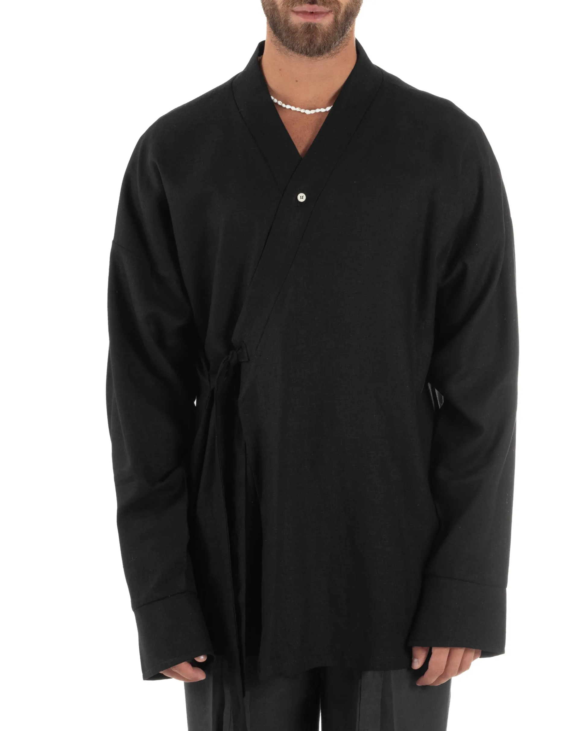 Giacca kimono lino relaxed fit morbido tinta unita nero GIOSAL-G3314A