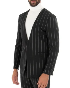 Giacca Monopetto Uomo Collo Coreano Rigata Nero Bottone Nascosto GIOSAL-G2733A