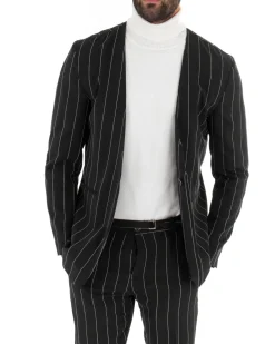 Giacca Monopetto Uomo Collo Coreano Rigata Nero Bottone Nascosto GIOSAL-G2733A