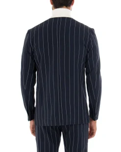 Giacca Monopetto Uomo Collo Coreano Rigata Blu Bottone Nascosto GIOSAL-G2732A