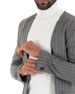 Giacca Monopetto Uomo Collo Coreano Rigata Grigio Bottone Nascosto GIOSAL-G2731A