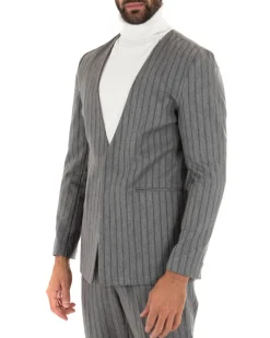 Giacca Monopetto Uomo Collo Coreano Rigata Grigio Bottone Nascosto GIOSAL-G2731A