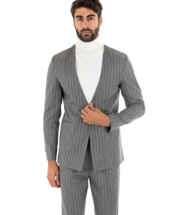 Giacca Monopetto Uomo Collo Coreano Rigata Grigio Bottone Nascosto GIOSAL-G2731A