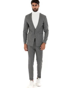 Giacca Monopetto Uomo Collo Coreano Rigata Grigio Bottone Nascosto GIOSAL-G2731A