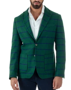 Giacca Monopetto Uomo Lana Check Quadri Revers Blazer Verde BZ1006A