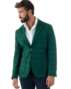 Giacca Monopetto Uomo Lana Check Quadri Revers Blazer Verde BZ1006A