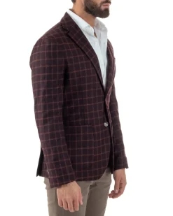 Giacca Monopetto Uomo Lana Check Quadri Revers Blazer Bordeaux BZ1004A