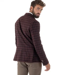 Giacca Monopetto Uomo Lana Check Quadri Revers Blazer Bordeaux BZ1004A