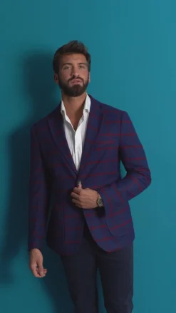 Giacca Monopetto Uomo Lana Check Quadri Revers Blazer Blu BZ1005A