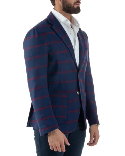 Giacca Monopetto Uomo Lana Check Quadri Revers Blazer Blu BZ1005A