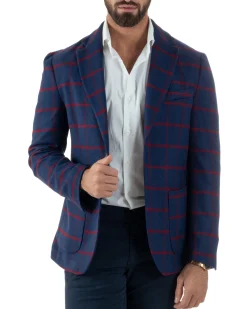 Giacca Monopetto Uomo Lana Check Quadri Revers Blazer Blu BZ1005A