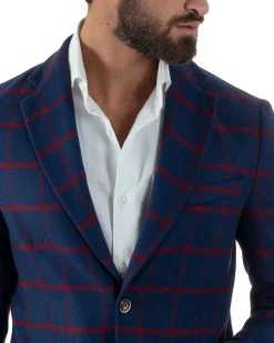 Giacca Monopetto Uomo Lana Check Quadri Revers Blazer Blu BZ1005A