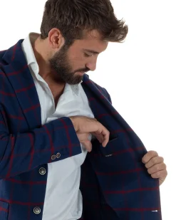 Giacca Monopetto Uomo Lana Check Quadri Revers Blazer Blu BZ1005A