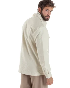 Giacca Overshirt Uomo Camicia Con Tasconi Tessuto Diagonale Panna G3363A