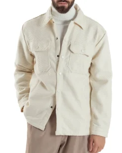 Giacca Overshirt Uomo Camicia Con Tasconi Tessuto Diagonale Panna G3363A