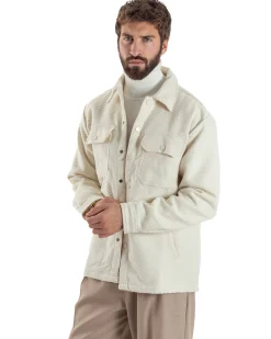 Giacca Overshirt Uomo Camicia Con Tasconi Tessuto Diagonale Panna G3363A