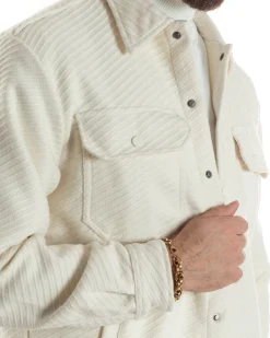 Giacca Overshirt Uomo Camicia Con Tasconi Tessuto Diagonale Panna G3363A