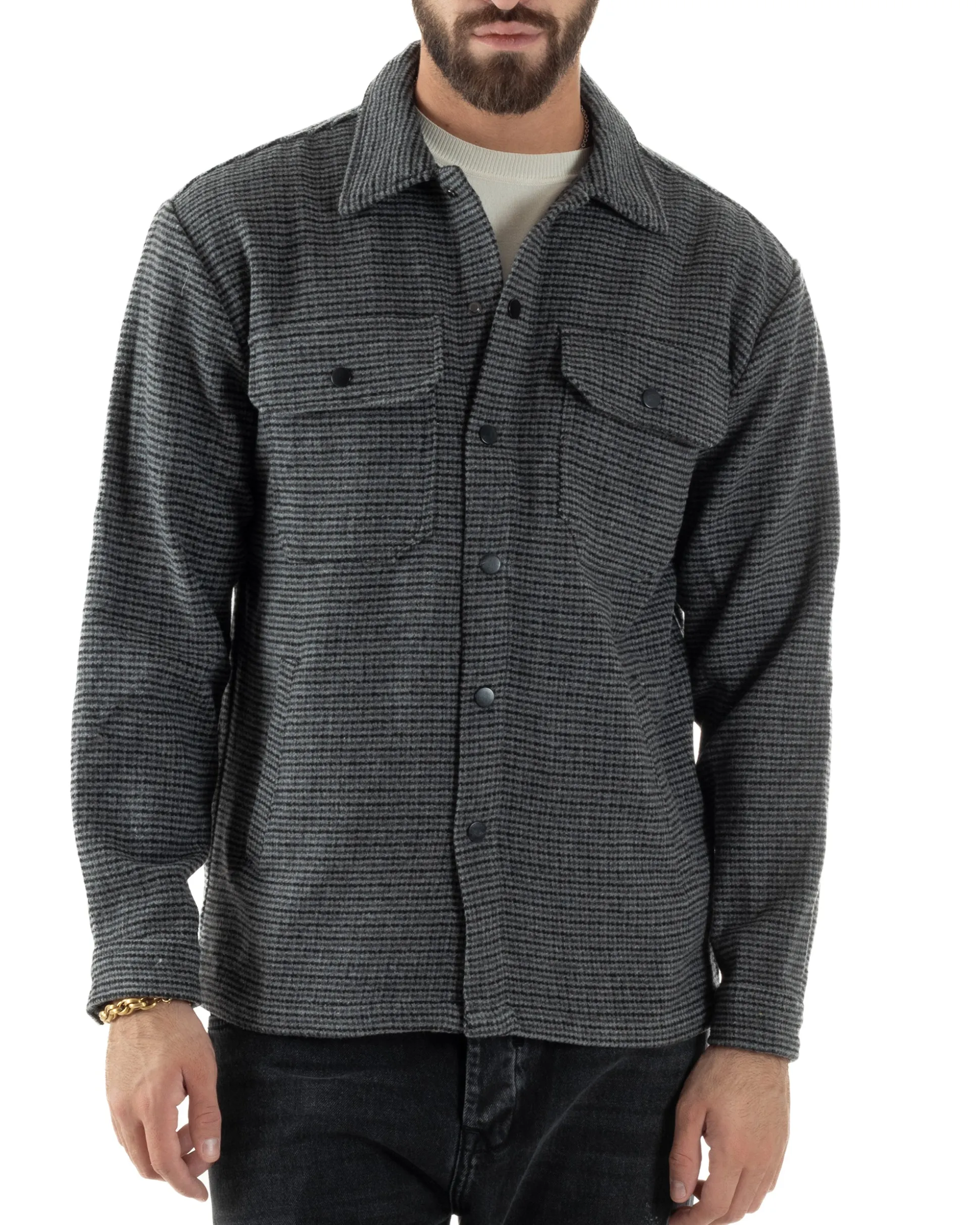 Giacca Overshirt Uomo Camicia Quadri Con Tasconi Grigio G3362A