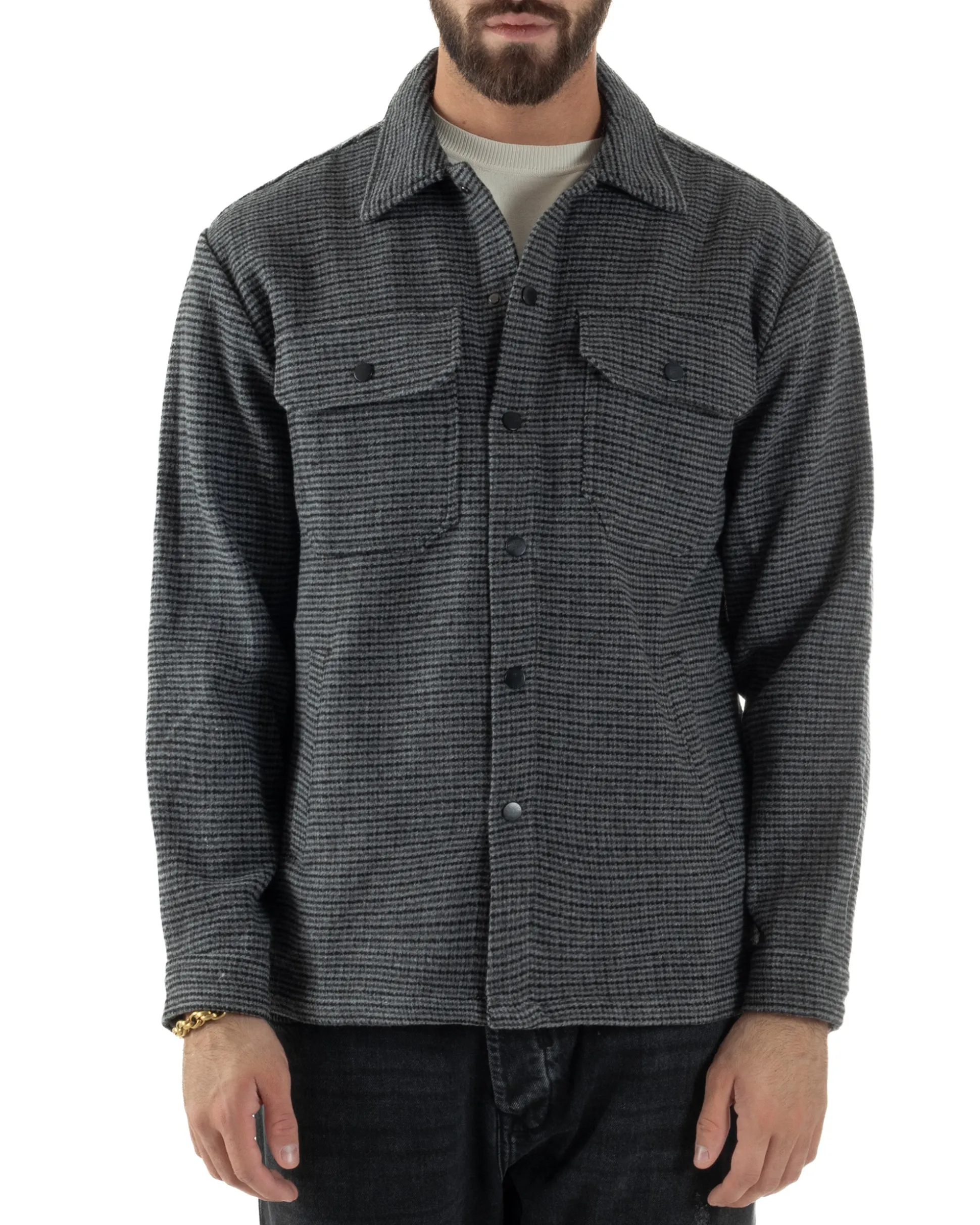 Giacca Overshirt Uomo Camicia Quadri Con Tasconi Grigio G3362A
