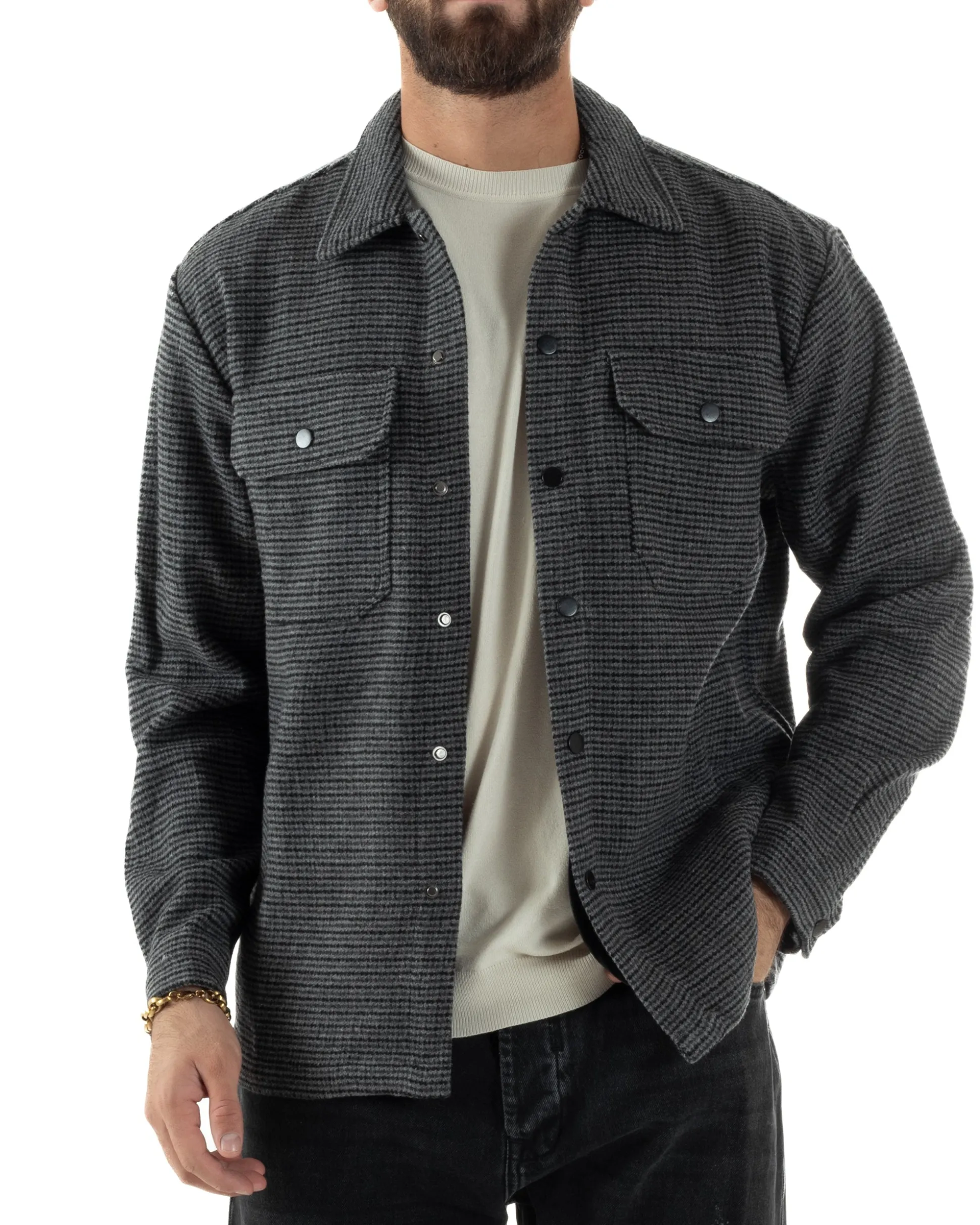 Giacca Overshirt Uomo Camicia Quadri Con Tasconi Grigio G3362A