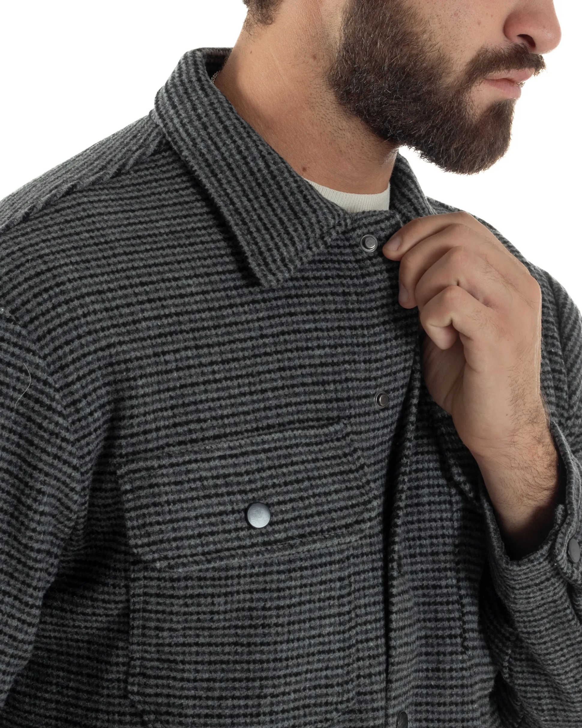 Giacca Overshirt Uomo Camicia Quadri Con Tasconi Grigio G3362A