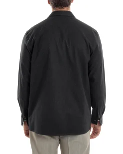 Giacca Sahariana Uomo Flanella Camicia Giubbotto Overshirt Tasconi E Colletto Camicione Casual Tinta Unita Nero GIOSAL-G3278A