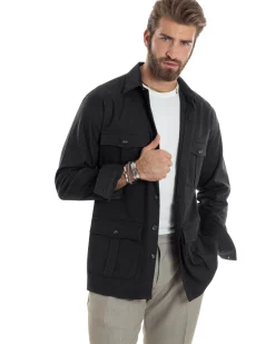 Giacca Sahariana Uomo Flanella Camicia Giubbotto Overshirt Tasconi E Colletto Camicione Casual Tinta Unita Nero GIOSAL-G3278A