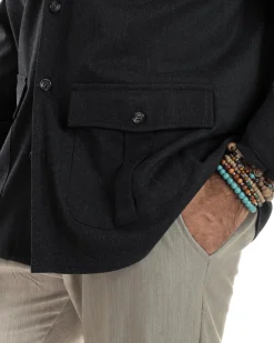 Giacca Sahariana Uomo Flanella Camicia Giubbotto Overshirt Tasconi E Colletto Camicione Casual Tinta Unita Nero GIOSAL-G3278A