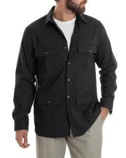 Giacca Sahariana Uomo Flanella Camicia Giubbotto Overshirt Tasconi E Colletto Camicione Casual Tinta Unita Nero GIOSAL-G3278A