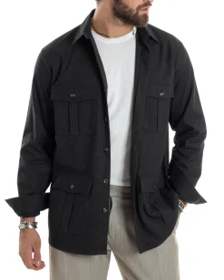 Giacca Sahariana Uomo Flanella Camicia Giubbotto Overshirt Tasconi E Colletto Camicione Casual Tinta Unita Nero GIOSAL-G3278A