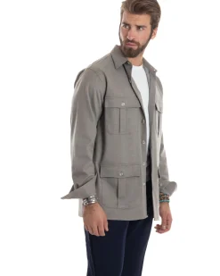 Giacca Sahariana Uomo Flanella Camicia Giubbotto Overshirt Tasconi E Colletto Camicione Casual Tinta Unita Beige GIOSAL-G3279A