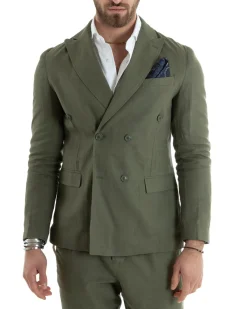 Giacca Uomo Doppiopetto Lino Tinta Unita Verde Sartoriale Cerimonia Elegante Casual GIOSAL-G3061A