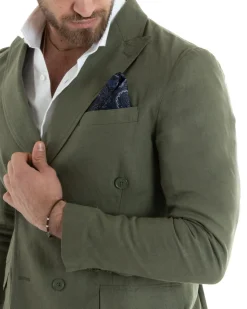 Giacca Uomo Doppiopetto Lino Tinta Unita Verde Sartoriale Cerimonia Elegante Casual GIOSAL-G3061A