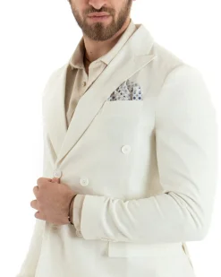 Giacca Uomo Doppiopetto Lino Tinta Unita Panna Sartoriale Cerimonia Elegante Casual GIOSAL-G3064A