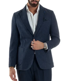 Giacca Uomo Lana Monopetto Puntinata Tinta Unita Blu BZ1002A