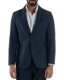 Giacca Uomo Lana Monopetto Puntinata Tinta Unita Blu BZ1002A