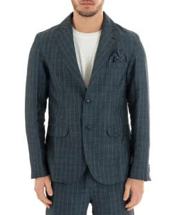 Giacca Uomo Lino Monopetto Quadri Blu Cerimonia Elegante Casual GIOSAL-G2851A