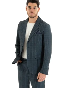 Giacca Uomo Lino Monopetto Quadri Blu Cerimonia Elegante Casual GIOSAL-G2851A
