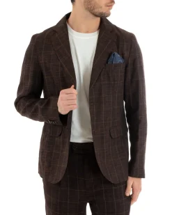 Giacca Uomo Lino Monopetto Quadri Marrone Cerimonia Elegante Casual GIOSAL-G2850A