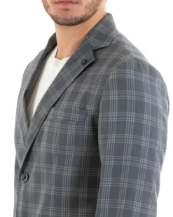 Giacca Uomo Lino Monopetto Quadri Grigio Cerimonia Elegante Casual GIOSAL-G3047A