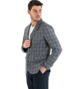 Giacca Uomo Lino Monopetto Quadri Grigio Cerimonia Elegante Casual GIOSAL-G3047A