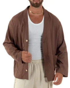 Giacca uomo lino scollo a v relaxed fit tasconi marrone GIOSAL-G3403A