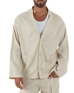 Giacca uomo lino scollo a v relaxed fit tasconi beige GIOSAL-G3402A