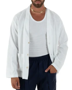 Giacca uomo lino scollo a v relaxed fit tasconi bianco GIOSAL-G3401A